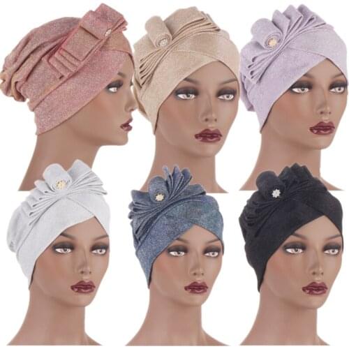 Elegant Shiny Bowknot Turban Cap Africa Wrap Head Scarf Women Muslim Hijab Islamic Bonnet Chemo Hats Ladies Under Scarf Fashion