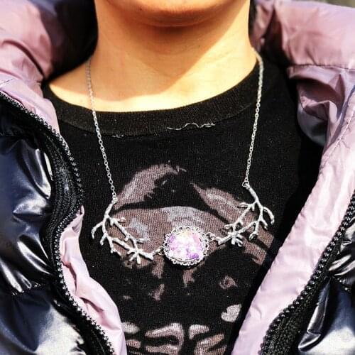 Gothic Purple Crystal Necklace Punk Rune Neck Chain Magic Branch Wizard Believers Necklace For Women Goth Jewelry Party Gifts