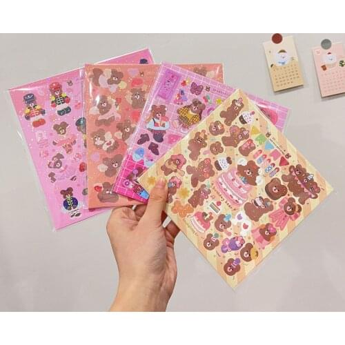 Korea Ins Laser Kawaii Retro Bear Sticker DIY Scrapbooking Mobile Phone Diary Stationery Gift Decoration Stickers