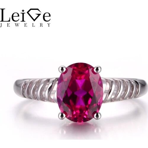 LeiGe Jewelry Lab Red Ruby Party Rings For Woman Oval Cut Prong Setting Trendy Gift For Girl July Birthstone 925 Sterling Silver