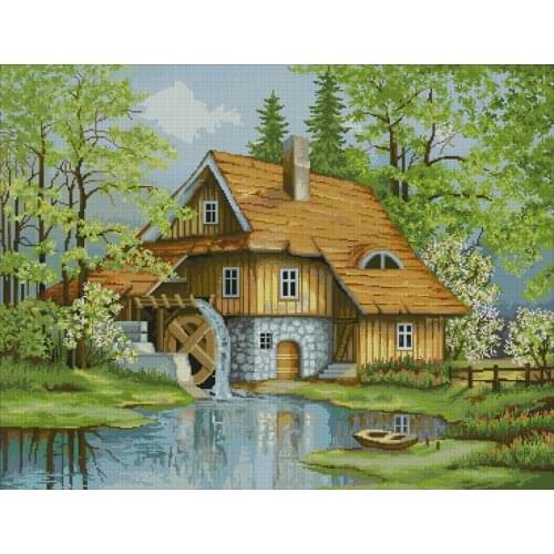 Gold Collection Embroidery The Waterwheel Cabin Cross Stitch Pattern Baby with 100% Cotton Floss & Free Shipping for Wall Decor