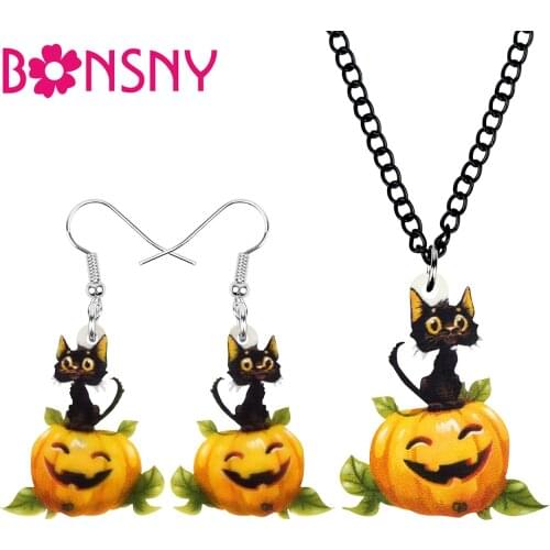 Bonsny Acrylic Halloween Pumpkin Lantern Cat Jewelry Sets Print Lovely Pet Animal Earrings Necklace For Women Girls Trendy Gift