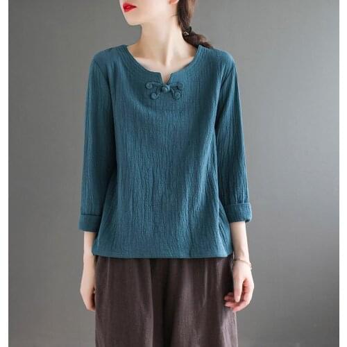 2020 New autumn Women Double Cotton yarn V-Neck Solid Color Shirt Loose vintage Chinese Style Long Sleeve Tops