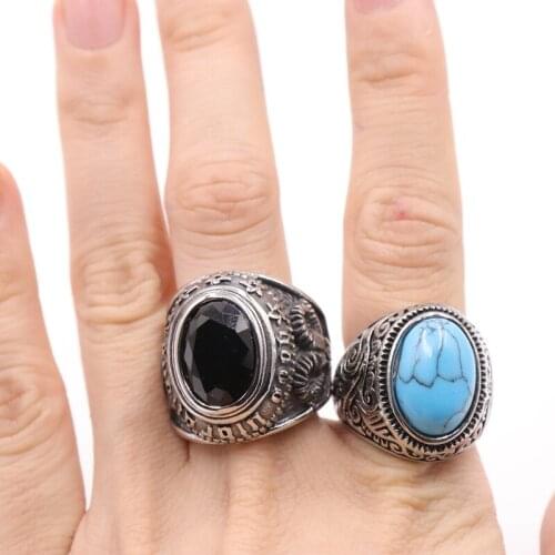 2019 New Arrivial Blue Black Stone Ring 316L Stainless Steel Women Mens Fashion Indian Style Biker Rings