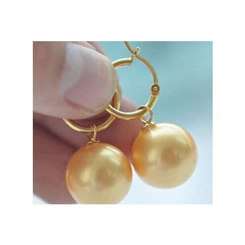 Charming 14mm Round south sea golden shell Pearl Earrings Lovely Fine Nobility Ladys Womens Earrings