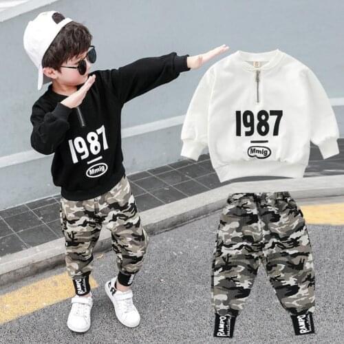 Autumn Big Boys Clothing Set South Korean Fashion Letter 1987 T-shirt and Cargo Pants Two Piece Sport Suit Teenage Tracksuits