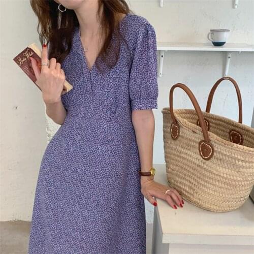 Alien Kitty 2021 New Elegant V-Neck French Office Lady Floral Printing Streetwear Loose Retro Summer Sweet Long Dresses Vestidos