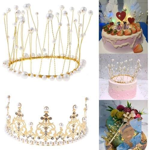 Luxury Mini Golden Silver Pearl Crown Cake Topper Metal Hollow Wedding Cake Decor Engagement Pearl Headdress Birthday Decoration