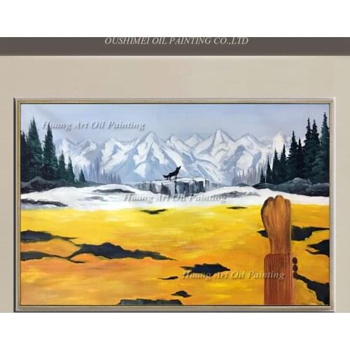 Hand Painted Yellow Landscape Painting Victory Sign Wolf Oil Painting Wall Art Decor Modern Abstract Snow Mountain Paintings