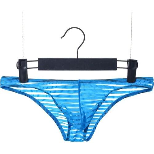 Sexy Men Plus Size Ice Silk Stripe Underwear Transparent U Convex Pouch Briefs Smooth Breathable Thongs Low Rise Gay Wear F8