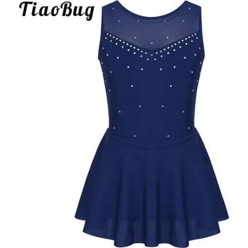TiaoBug Kids Teens Sleeveless Sparkly Rhinestone Tulle Figure Skating Dress Gymnastics Leotard Girls Ballet Costume Dance Wear