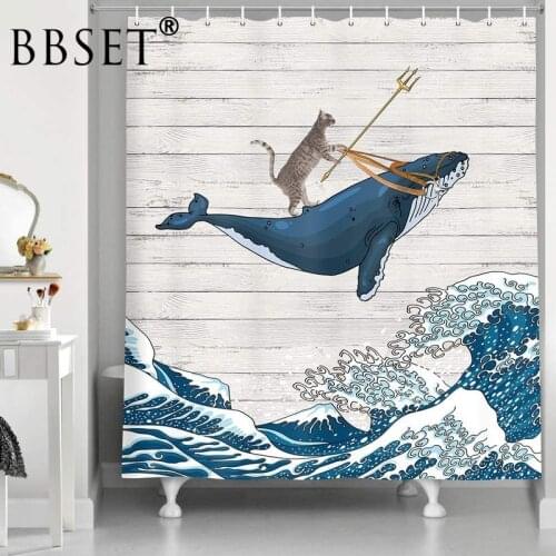 Funny Cat Shower Curtain Cat Riding Whale In Ocean Wave Pattern Waterproof Multi-size Cortina De Bano Bathroom Decor with Hooks