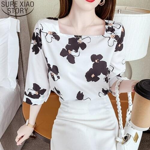 Square Collar Silk Blouse Fashion Floral Print Blouses Women Tops Temperament Clothes Summer Three Quarter Sleeve Blouse 14287
