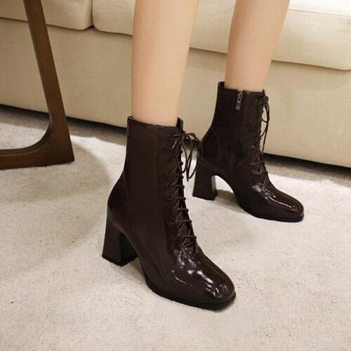Autumn midleg fashion lace-up Martens for women thick heel square ankle boots 202-5