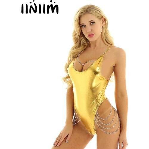 Women Ladies Club Jumpsuit Holographic Leather Thong Bodysuit Sexy Spaghetti Strap Backless Metal Chains Pole Dance Rave Romper