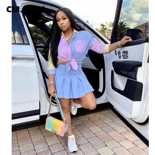 CM.YAYA Women Skirts Sets Patchwork Full Sleeve Shirt Solid Empire Mini Pleated Skirt 2 Piece Set Female Street Casual Clothes