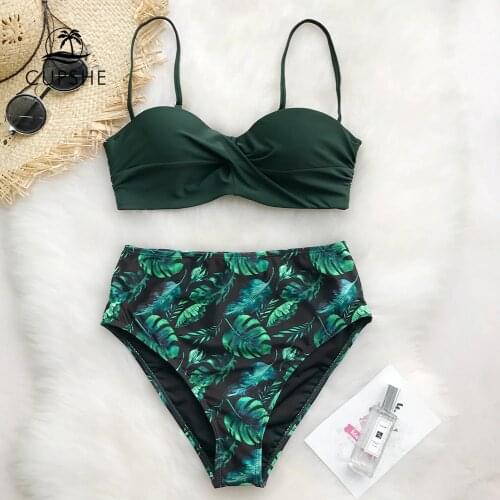CUPSHE Green Leafy Print Bikini Set Women Heart Neck Push Up High-Waisted Two Pieces Swimwear 2021 Beach Bathing Suits Swimsuits
