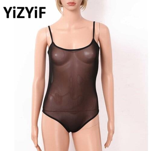 Womens One-piece See Through Sheer Mesh Lingerie Bodysuits Spaghetti Shoulder Straps Backless Leotard Bodysuit Sexy Nightwear