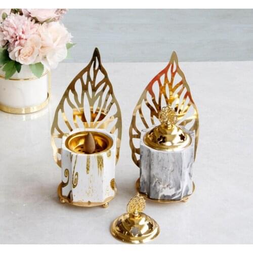 Golden Metal Middle Eastern Arab Incense Burner Ceramic Leaves Aroma home decoration aromatherapy burner With lid Crafts