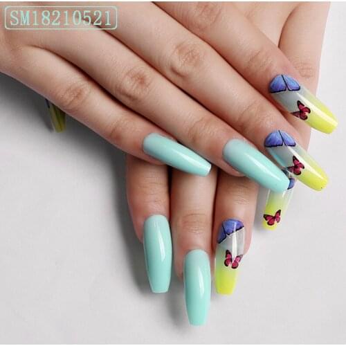 24pcs/box Press On Nails Coffin Long Style Light Green Butterfly Wearing Nail Art Stickers Finished Fake Nails With Designs DL