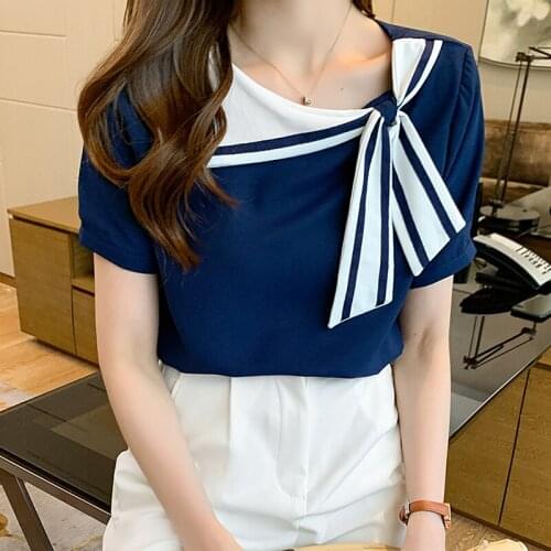 Womens Tops And Blouses Fashion 2021 Summer Sailor Style Casual Shirt Women Short Sleeve Office Ladies Chiffon Blouse White Blue