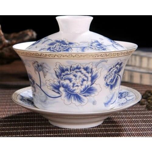 Large Size Egg-shell Bone China GaiWan Jingdezhen Blue and White Porcelian Tea Bowl Tureen Ceramic Tea Cup and Saucer Set