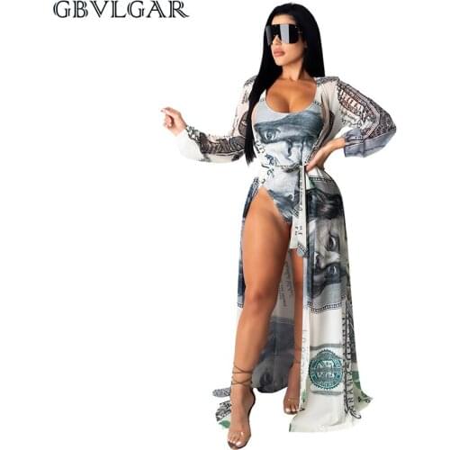 GBVLGAR Women Sexy Beach Bohe Dollar Print Long Sleeve Cloak +Swimsuit Two Pieces Sets Summer Bikini Set Swimsuit Bikini Set