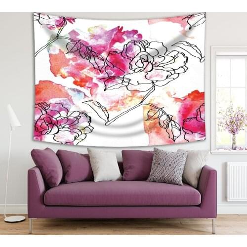 Tapestry Flowers Pattern Drawn on Watercolor Splashes Summer Hawaiian Style Art Red Fuchsia White