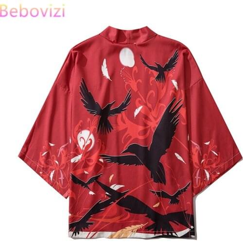 Red Sunset Crane Fashion Kimono Cardigan Yukata Obi Harajuku Japanese Women Tops and Blouses Men Asian Clothes