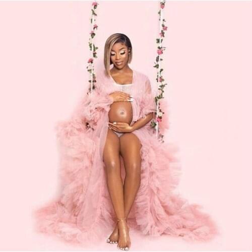 Pretty Pink Ruffles Tulle Women Long Robe Puff Full Sleeves See Thru Bridal Night Gowns Free Size Maternity Dress