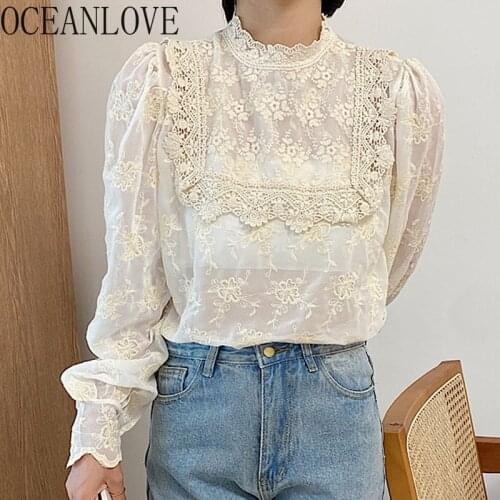 OCEANLOVE Lace Vintage Blusas Feminina Solid Autumn Stand Collar Korean Chic Blouses Women Tops Elegant Embroidered Ropa Mujer