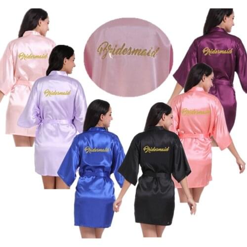 Wholesale Bridesmaid Letter Gold Glitter Women Solid Satin Kimono Robes For Wedding Party Birthday Bathrobes Sleepwear T3