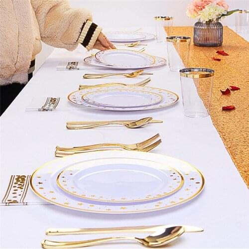 Imprinted Gold Iace Gold-Plated Disposable Plastic Tableware Set Ironing Wedding Party Disposable Knife Fork Spoon Plate