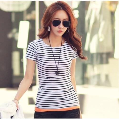 Striped Womens T-Shirt O-Collar T Shirts Skinny Short Sleeve Clothes Women Slim Elastic Pullover Casual Top Tees For Female
