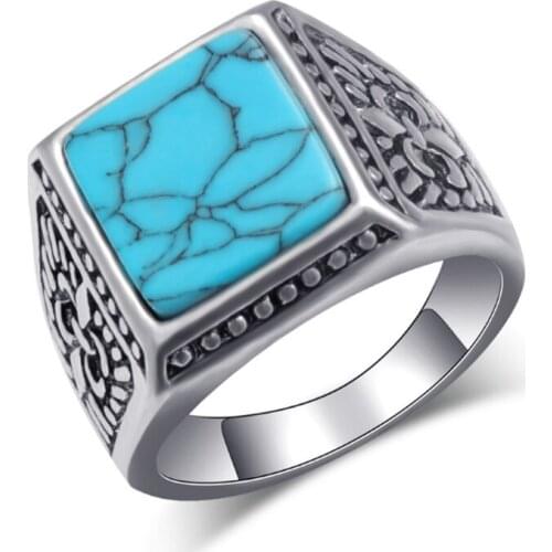 Silver Plated Alloy Square Shape Green Turquoises Stone Finger Ring Ethnic Style Jewelry