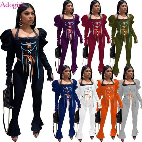 Adogirl Casual Two Piece Set Full Puff Sleeve Grommet Lace Up Crop Top Flare Pants Suit Fall Winter Women Fashion Tracksuit