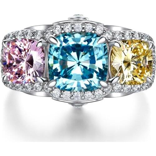 Luxury Female Blue Yellow Pink Zircon Ring Real 925 Sterling Silver Wedding Rings For Women Dainty Square Big Engagement Ring