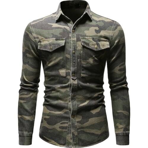 Spring Autumn Camouflage Denim Shirt for Man Army Green Long Sleeved Loose Jeans Shirts Mens Blouse