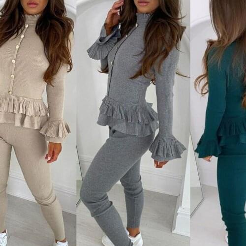 Tracksuit Autumn Women Outfits Chic Long Sleeve Ruffle Buttons Blouse Skinny Pants Set Outfit Suit 2021 Sweatpants Outfits