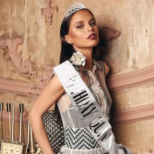 Birthday Party Tiara Headband with Satin Sash Compact Fabric Crown Headband Set Silver Gold Hair Accessories Gifts Decoration