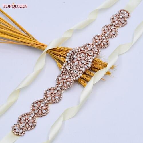 TOPQUEEN S161-RG Rose Gold Bridal Belt Pearl Crystal Bride Sash Wedding Belt Woman Sparkly Belts for Formal Dress Jeweled Belt
