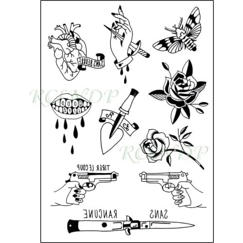 Waterproof Temporary Tattoo Sticker Heart Butterfly Rose Gun Knife Fake Tatto Flash Tatoo Neck Leg Arm Body Art for Women Men