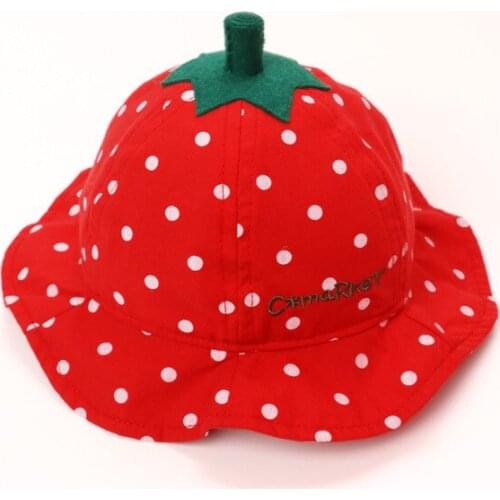Japanese Style Hot Sell Full Small Dots Print Kids Bucket Hat Spring Cute Strawberry Shape Green Top Sunbonnet