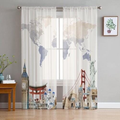 World Map Famous Buildings Tulle Curtains For Living Room Bedroom Transparent Tulle Curtains Window Drapes Sheer Curtain