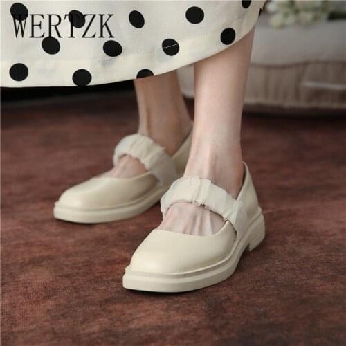 Natural PU Leather Mary Janes Shoes Round Toe Platform Flats Shoes Pleated Elastic Band Lady Footwear Autumn White