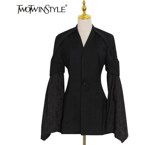 TWOTWINSTYLE Black Patchwork Female Blazer V Neck Long Sleeve Gathered Waist Fold Pleated Womens Blazers 2021 Autumn Fashion