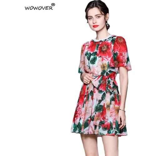 Elegant Bow Collar Camellia Floral Print Runway Chiffon Dress Summer Clothes Women Short Sleeve Mini Party Robe Beach Vestidos