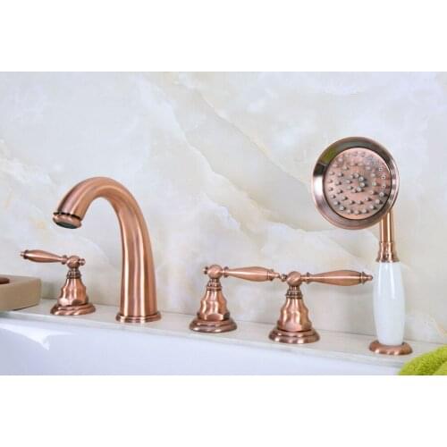 Antique Red Copper Brass Deck 5 Holes Bathtub Mixer Faucet Handheld Shower Widespread Bathroom Faucet Set Basin Water Tap atf237
