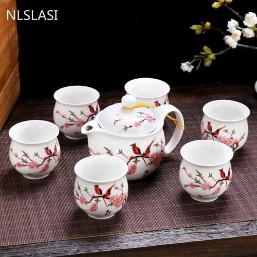 7pcs/set New tea cup set full set of ceramic teapot large blue and white porcelain double anti-scalding Tea set tea se