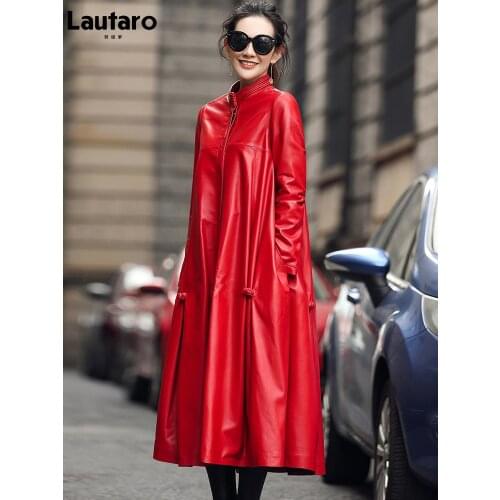 Lautaro Autumn Long Red Elegant Luxury Faux Leather Coat Women Long Sleeve Black Skirted Chinese Style Clothing Fashion 2021